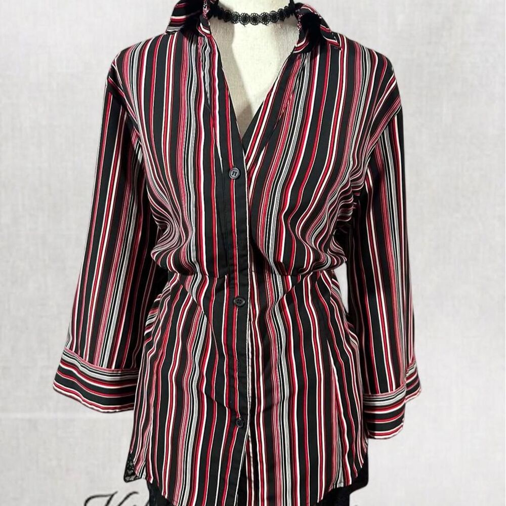 Goth Vampy Style Collared Red and Black Pinstripe Long Sleeve Blouse